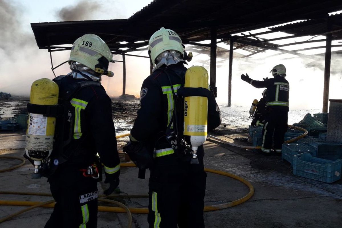 Los Bombers de Mallorca actuando durante el incendio en unas naves agrícolas en Santa Margalida.