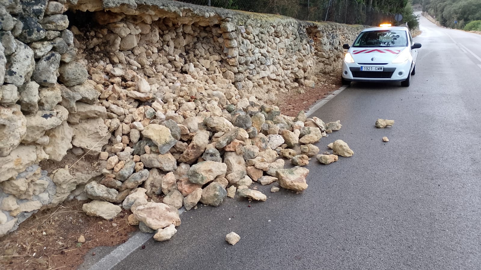 Un mur de pedra ha patit un despreniment per mor de la pluja.